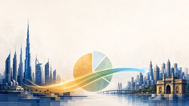 A ribbon of gold light flowing from the Dubai skyline to the Mumbai skyline past a pie chart, illustrating Emirates NBD's majority stake in RBL Bank