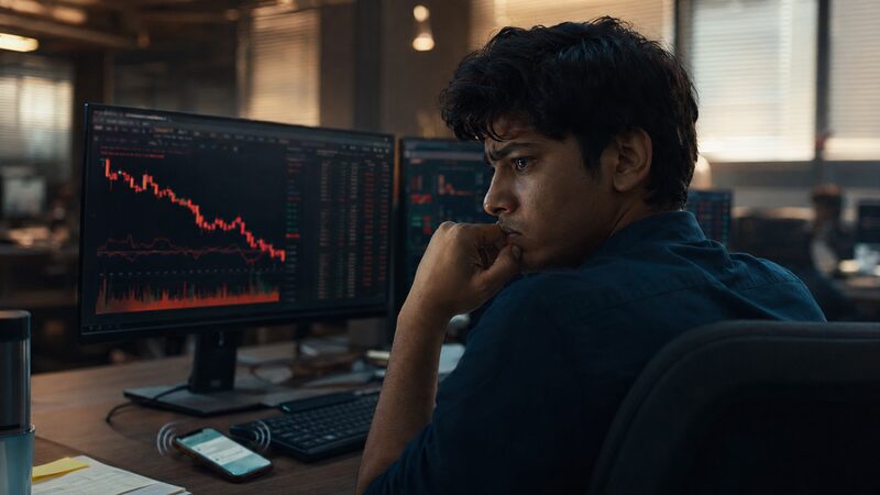 Trader watching stock charts on monitor screens showing a declining market